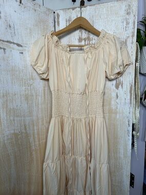 Cream Puff-Sleeve Smocked Waist Maxi Dress - Small